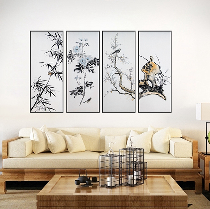 新中式客厅装饰画 卧室原创手绘寓意画 餐厅环保PS框原创画 竹与鸟