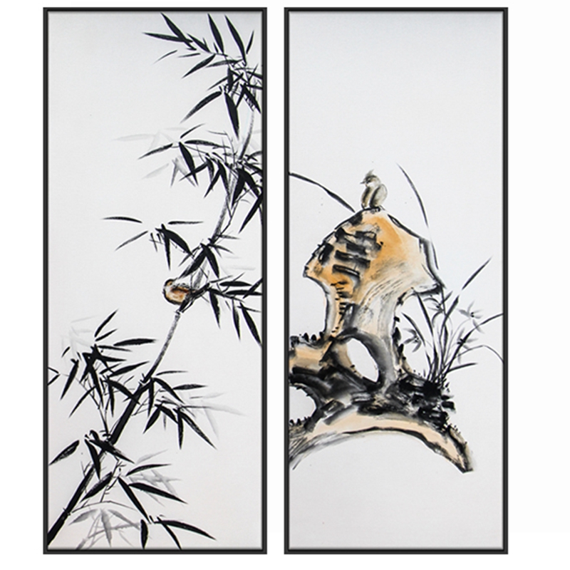 新中式客厅装饰画 卧室原创手绘寓意画 餐厅环保PS框原创画 竹与鸟
